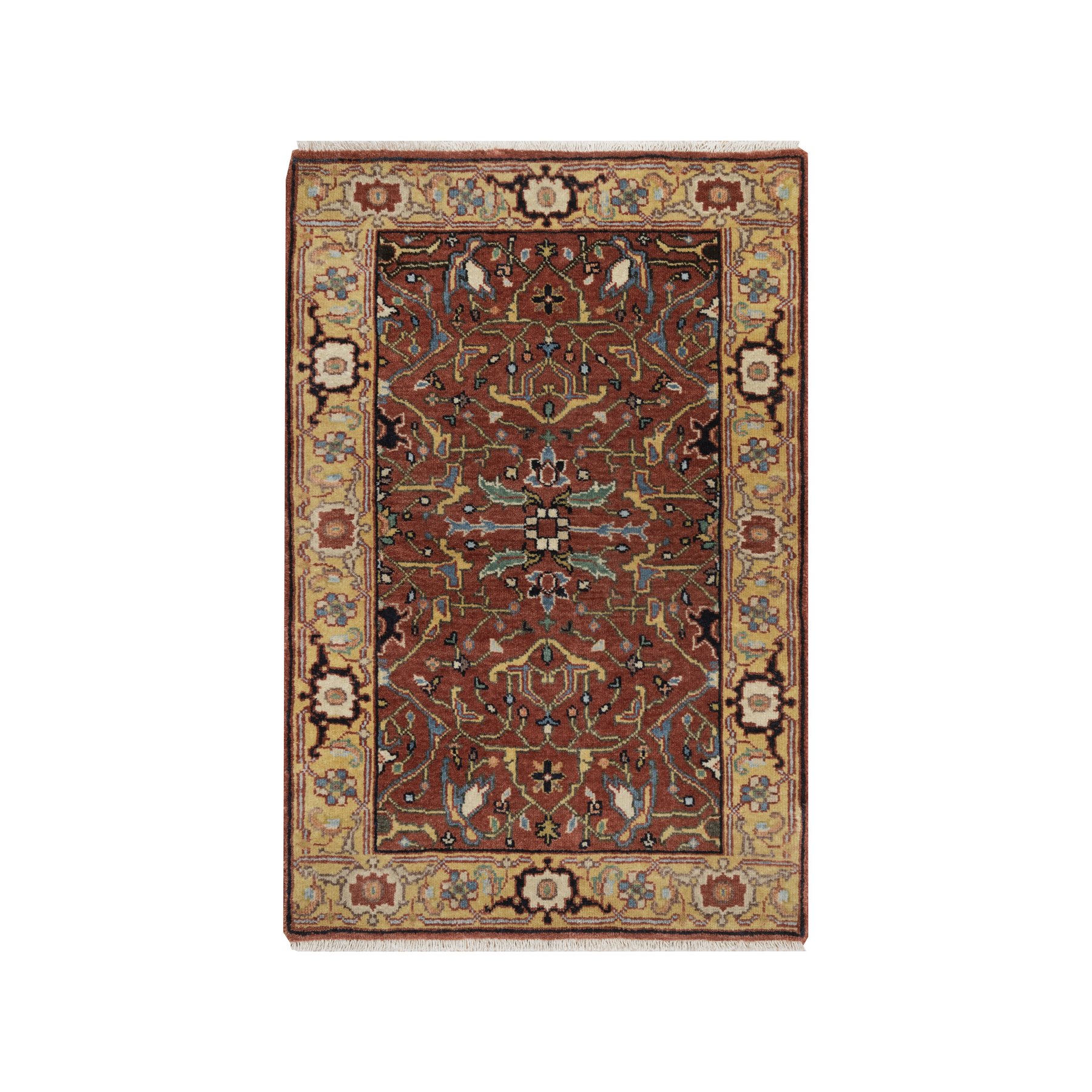 2'x3' Auburn Red, Antiqued Fine Heriz Re-Creation, All Over Design, Hand Knotted, Hand Spun New Zealand Wool, Soft Pile, Vegetable Dyes, Sample, Mat, Oriental Rug 